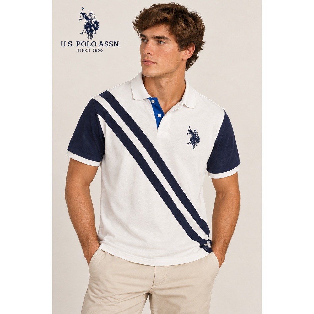 US Polo Assn Mens Large Polo Shirt Cream White Navy Blue Diagonal Stripe Cotton